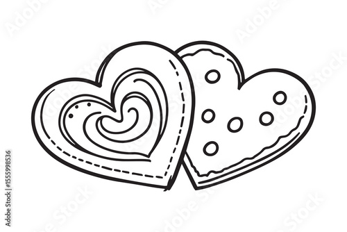 Two heart shaped Christmas gingerbreads line art and black color