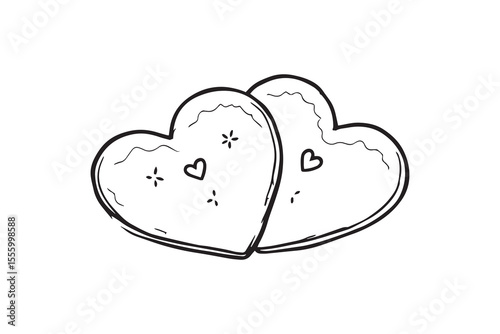 Two heart shaped Christmas gingerbreads line art and black color