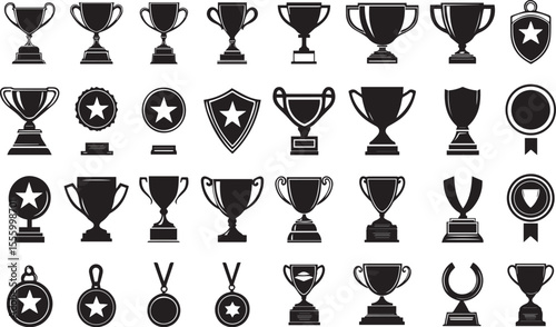 Award & Trophy cup icon set. Winning icons collection. Award symbols collection. Trophy Cup and Winner Medal silhouette Vector.