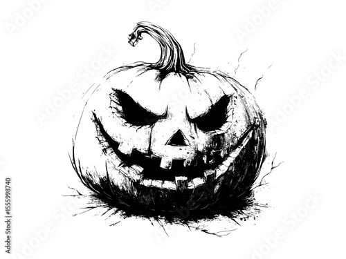Halloween pumpkin face in vintage engraving style, black line art sketch, retro spooky illustration, scary seasonal decor for October, trendy classic autumn art, detailed old engraving,
