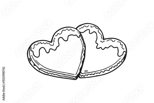 Two heart shaped Christmas gingerbreads line art and black color