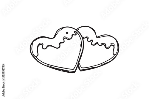 Two heart shaped Christmas gingerbreads line art and black color