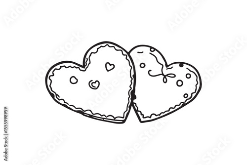 Two heart shaped Christmas gingerbreads line art and black color