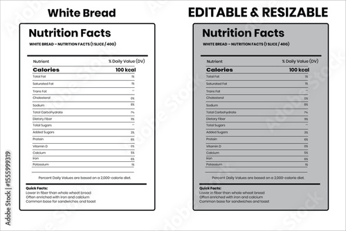 White Bread nutrition facts, nutrition facts, food label, calorie chart, protein infographic, healthy eating, vitamin chart, editable template, diet plan, meal prep nutrition, food packaging label
