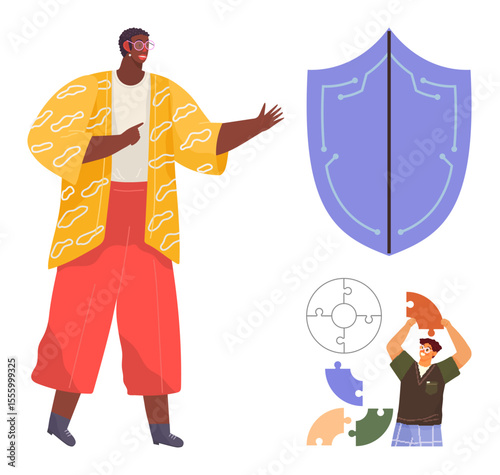 Person pointing at a shield symbolizing security, puzzle parts with a figure assembling them. Ideal for teamwork, protection, problem-solving, collaboration, education, guidance, abstract strategy