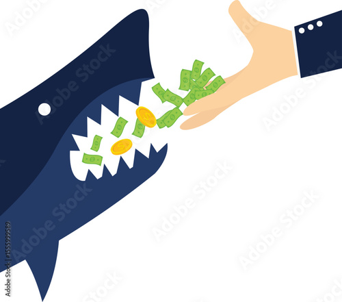 Business risks, financial or political corruption, business losses or investment failures, money in the hands of businessmen falling into the mouths of crocodiles stock illustration

