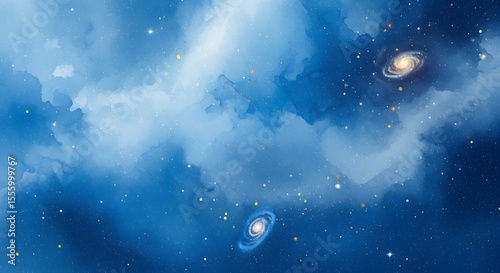 A watercolor galaxy scape with swirling blue nebulas and distant spiral galaxies