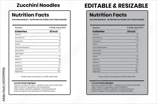 Zucchini Noodles nutrition facts, nutrition facts, food label, calorie chart, protein infographic, healthy eating, vitamin chart, editable template, diet plan, meal prep nutrition, food packaging labe
