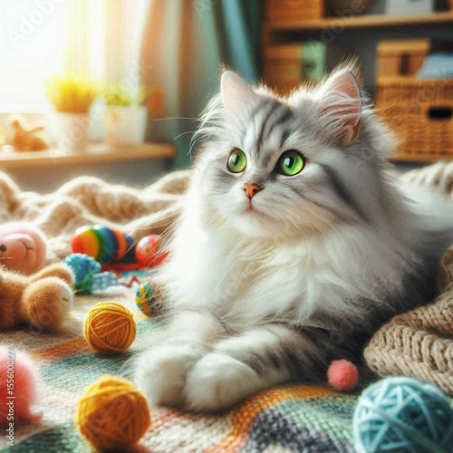 cat with a ball a cat is relaxing sitting on the sofa