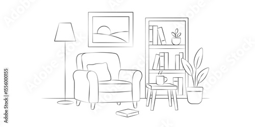 Minimalist Line Drawing of Cozy Home Reading Nook