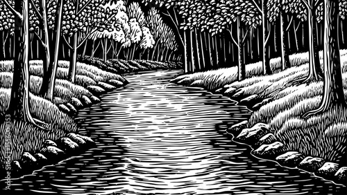 Forest river winding through dense autumn foliage, a black and white sketch vector hand drawn