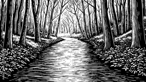 Forest river winding through dense autumn foliage, a black and white sketch vector hand drawn