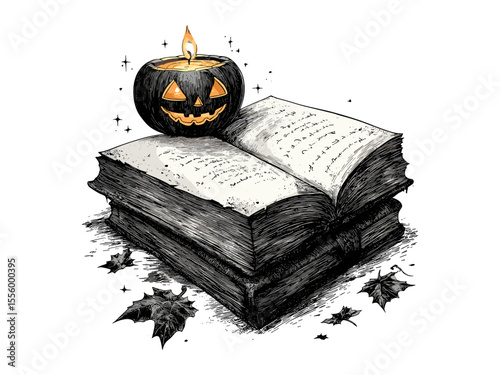 Vintage Halloween engraving, spooky candle sketch, hand-drawn horror illustration, October seasonal decor, old-style spellbook art, mystical occult design, creepy atmosphere