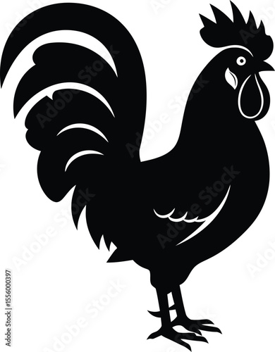 Black Rooster Silhouette with Detailed Tail Feathers

