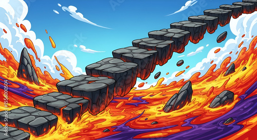 A fantastical illustration of a dangerous pathway of floating stone steps over a fiery river of molten lava.