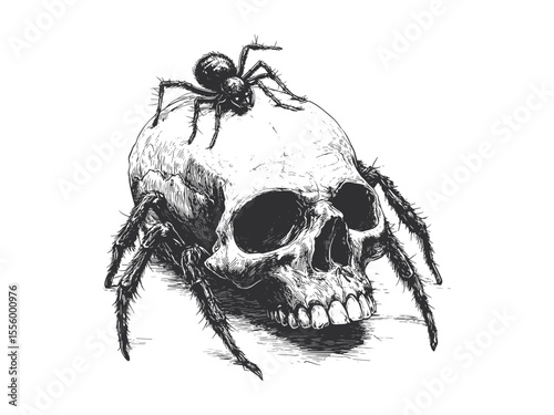 Spooky Halloween spider crawling on skull, vintage engraving style, hand-drawn sketch, horror holiday decor, gothic tattoo artwork, dark Halloween illustration, creepy decor