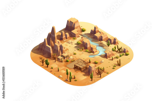 Isometric desert landscape with cacti, rocks, a river, and a simple wooden structure. background removed