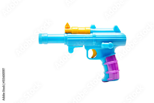 A vibrant blue plastic toy gun with yellow and purple accents, isolated on a transparent background. background removed