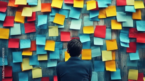 A teenager surrounded by blue, red, and yellow sticky notes reflects the complexity of autism in youth and communication challenges