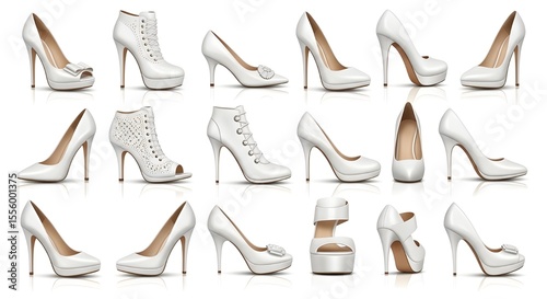 White High Heel Shoes Collection for Fashion Advertising, Bridal Shopping, and Luxury Brand Promotion | Variety of Elegant Stiletto Pumps, Platforms, and Booties on White Background