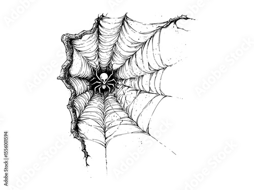 Vintage Halloween spider web corner engraving, spooky holiday motif, hand-drawn horror sketch, engraved seasonal decor element, black old engraving style, autumn gothic artwork