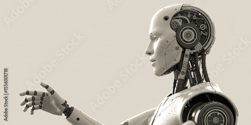 Futuristic Robot with Visible Mechanics Reaching Out Artificial Intelligence and Technology Concept Neutral Background Side View