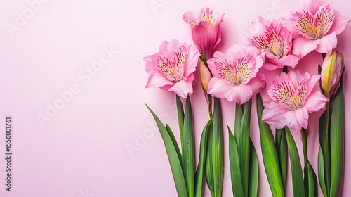 Elegant Pink Alstroemeria Flowers on Pink Background Botanical Floral Image