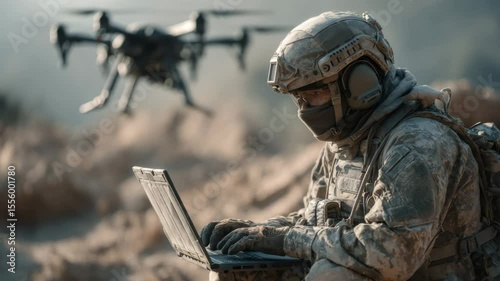 A soldier in tactical gear navigates a laptop while monitoring a drone in challenging outdoor terrain. The setting indicates a military training environment focused on modern warfare