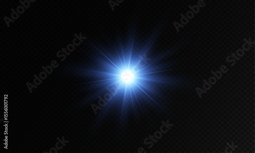 Bright lens flare. Blue glow effect. Starry flares with shimmering highlights. Bright blue light effect. 