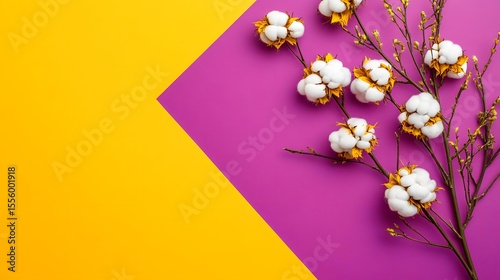 Vibrant Cotton Branch on Yellow Purple Background