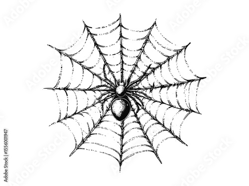 Hand-drawn Halloween spider web corner, spooky vintage engraving, black sketch style, old engraving technique, seasonal horror holiday motif, creepy decor element, gothic seasonal artwork,