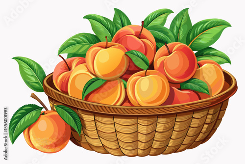 vector of Fresh peaches in a woven basket with green leaves isolated on white background.