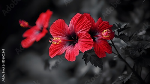 Vibrant Red Hibiscus Flowers in Monochrome Background