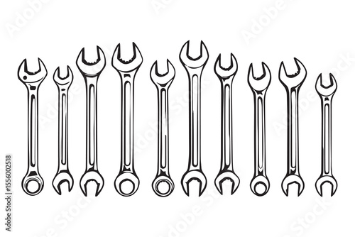 set of different type of 8 pcs Wrench line art and black color