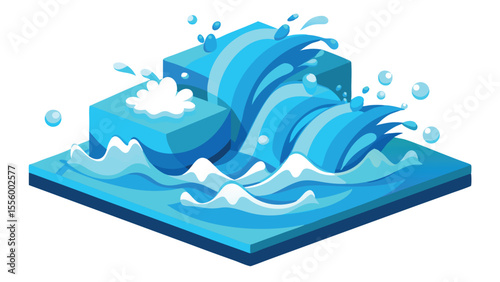 Isometric Vector Illustration of Splashing Water Waves on White Background – 3D Aquatic Design