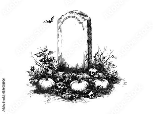 Spooky graveyard illustration, vintage Halloween tombstone engraving, hand-drawn black sketch style, trendy October decor, classic horror seasonal theme, dark gothic Halloween elements,