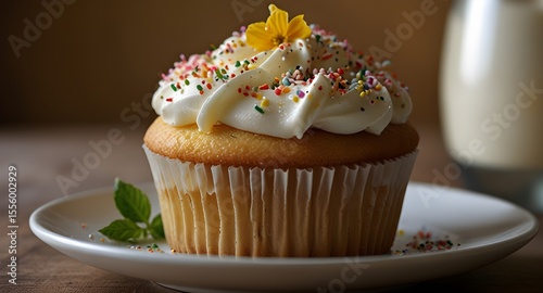 A gourmet vanilla cupcake adorned with vibrant sprinkles, elegantly displayed on a plate with a warm, inviting ambiance. 