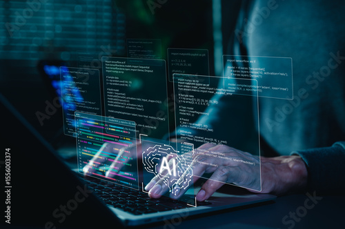 AI coding assistant for software development concept. Machine Learning Code, Programmer use laptop with code and AI brain represent artificial intelligence, AI programming, software development tools,