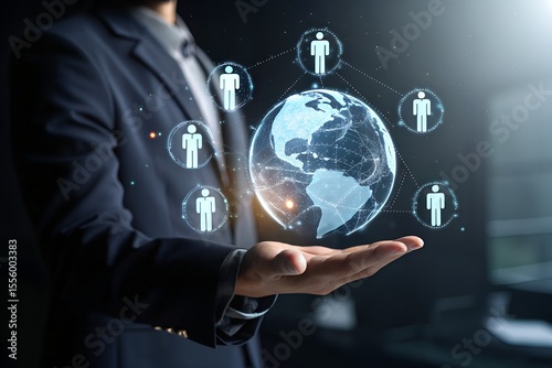 Businessman holding digital icons of people and team management, representing human resources, recruitment, employee data, business leadership, and digital HR solutions.