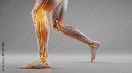 3D Medical Illustration of Knee Pain and Lower Leg Injury — Realistic Anatomy Overlay Highlighting Inflammation, Tendon Strain, and Joint Stress from Physical Overuse