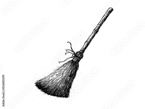 Halloween witch broom engraving, vintage spooky tool, hand-drawn sketch style, retro horror decor, October artwork, black sketch, old engraving, seasonal creepy illustration, mystical design,