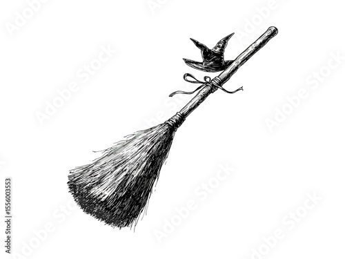 Halloween vintage engraving, witch broom spooky tool, retro hand-drawn sketch, black sketch style, old engraving design, seasonal October artwork, horror decor, mystical Halloween illustration,
