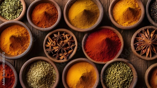 Indian spice market flat lay, top view of colorful spices in traditional bowls, turmeric, red chili, cardamom, cumin, arranged on a wooden surface, vivid color harmony,Generative Ai
