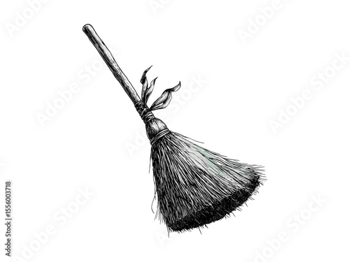 Vintage Halloween witch broom engraving, spooky retro tool, hand-drawn sketch, old engraving style, black sketch artwork, October seasonal decor, gothic Halloween illustration, eerie vintage art,