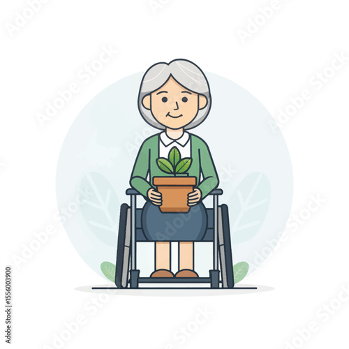 Joyful Bloom: A serene elderly woman in a wheelchair tenderly holds a potted plant, symbolizing growth, nurture, and the enduring spirit of life and care.
