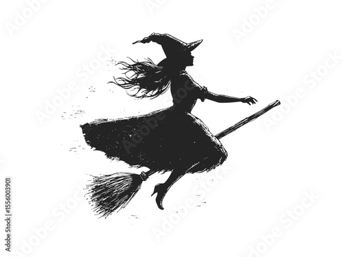 Halloween witch silhouette flying on broom, vintage black line engraving, spooky seasonal icon, old engraving style, trendy carved decor illustration, mystical Halloween art, dark magic drawing,
