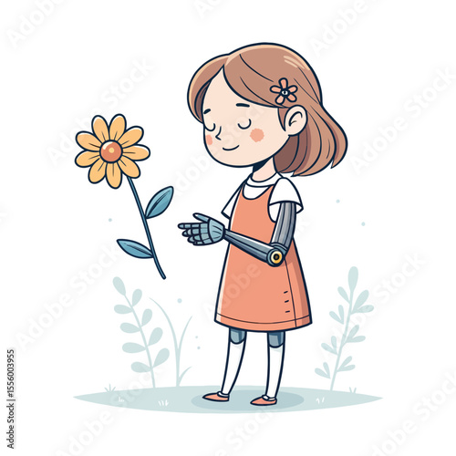 Future of touch: A youthful girl with a bio-robotic arm gently interacting with a bright daisy, merging nature with technology