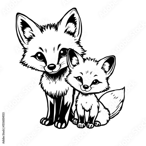 Mother and Child Foxes: A tender illustration of a mother fox and her kit, sitting closely together, expressing affection and companionship. A simple monochromatic design.