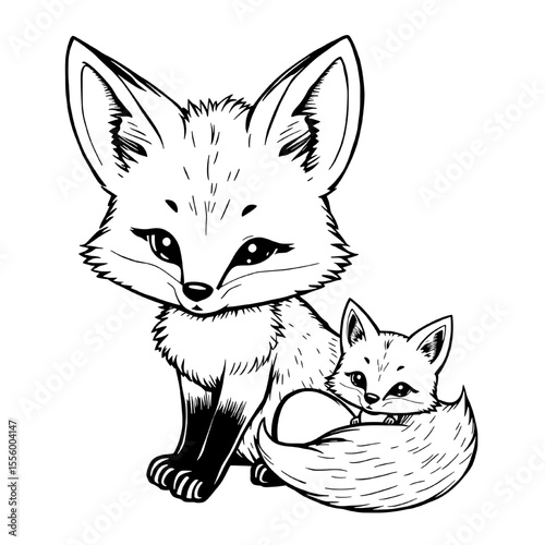 Fox Kit and Mother:  A heartwarming illustration of a mother fox tenderly nestled next to her adorable kit. The line art style showcases their fluffy fur and endearing expressions.