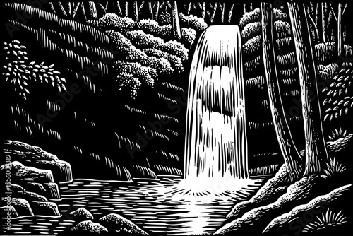 Rain fed waterfall rushing over sharp cliffs in a monsoon forest, a black and white sketch vector hand drawn